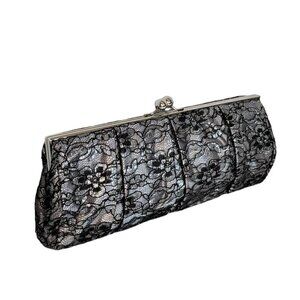 Express Clutch Evening Bag Black Silver Lace Kiss Lock Rectangular Whimsigoth